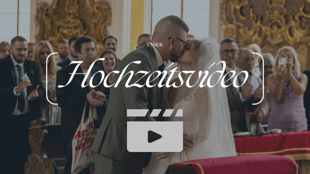 Blog aufmacher mit Videografik und dem Text unser Hochzeitsvideo, im Hintergrund ein sich küssendes Barautpaar in einer Kirche